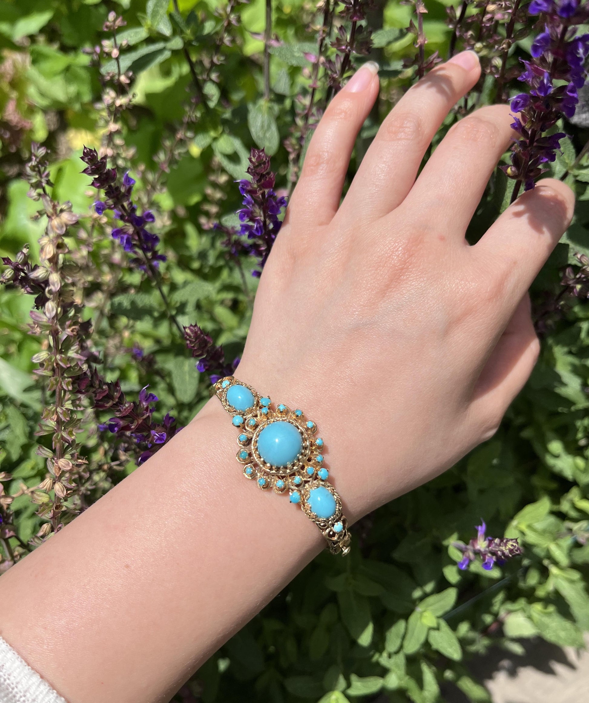 Vintage 14K Gold Turquoise Cabochon Bracelet