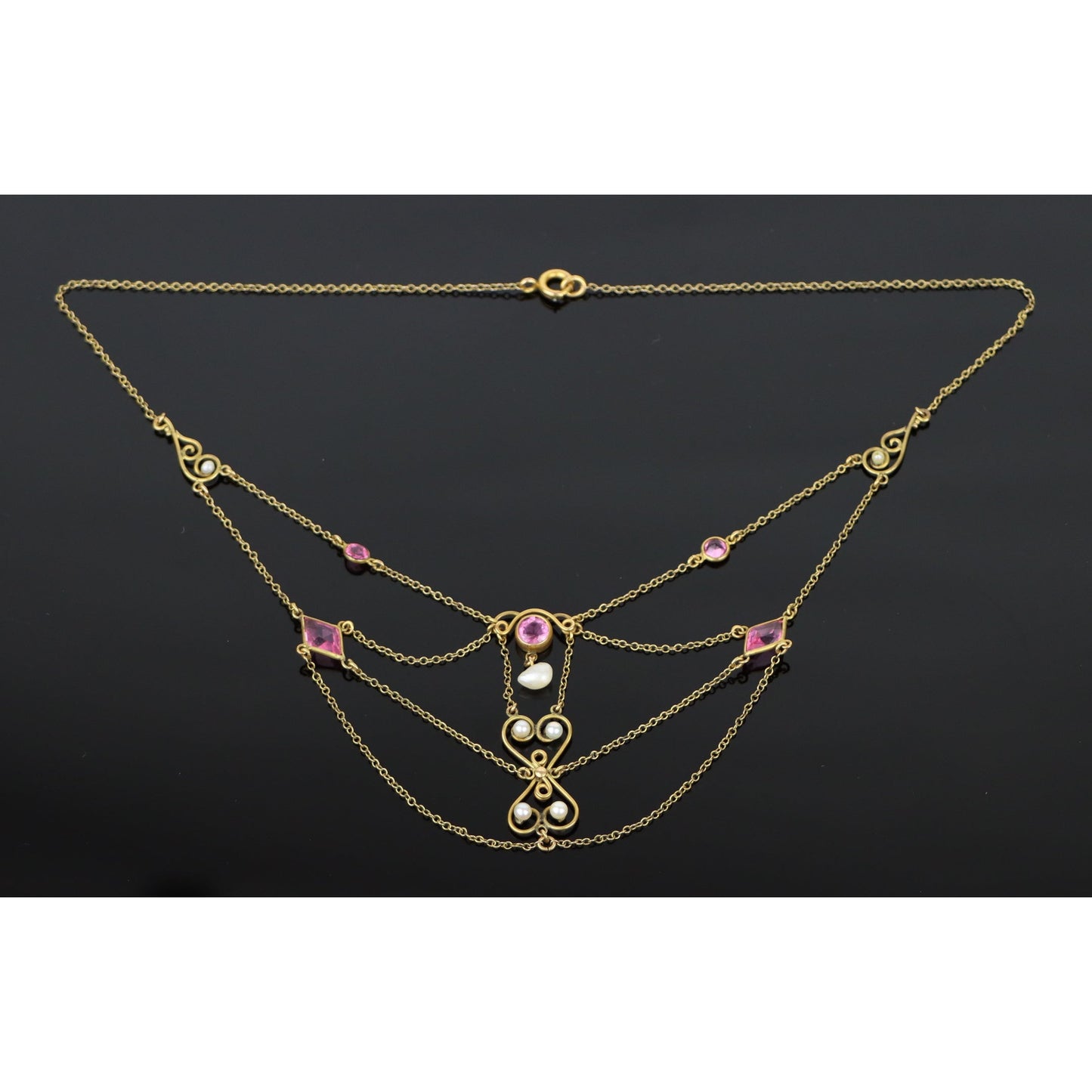 Art Nouveau Pink Topaz & Pearl Swag Necklace