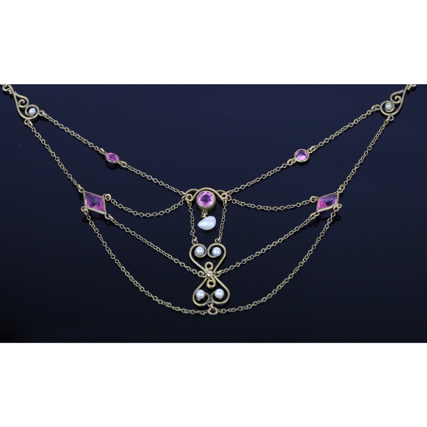 Art Nouveau Pink Topaz & Pearl Swag Necklace