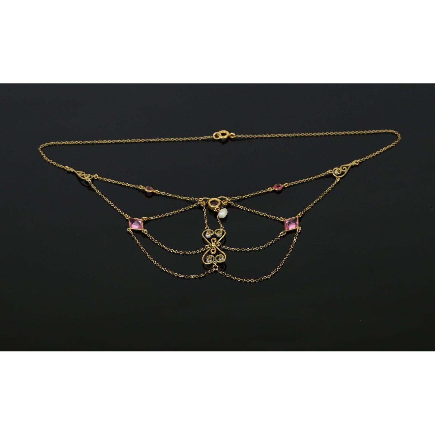 Art Nouveau Pink Topaz & Pearl Swag Necklace