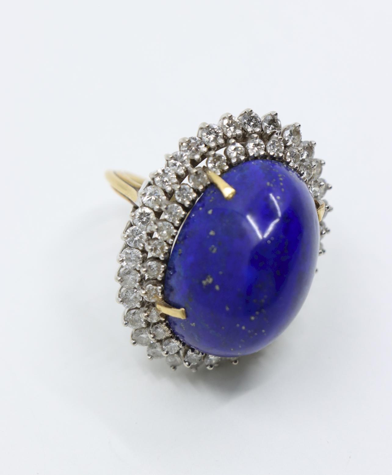 Large 14K Gold Lapis Lazuli Diamonds Ring