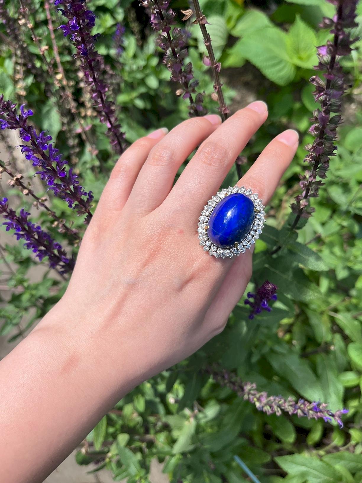 Large 14K Gold Lapis Lazuli Diamonds Ring