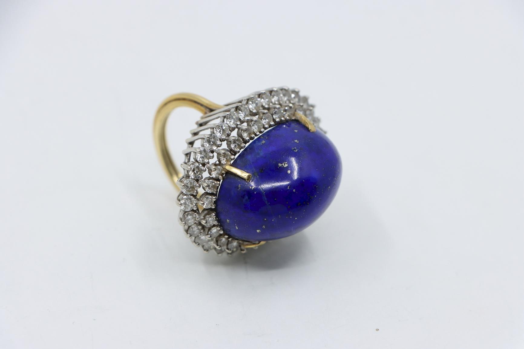 Large 14K Gold Lapis Lazuli Diamonds Ring