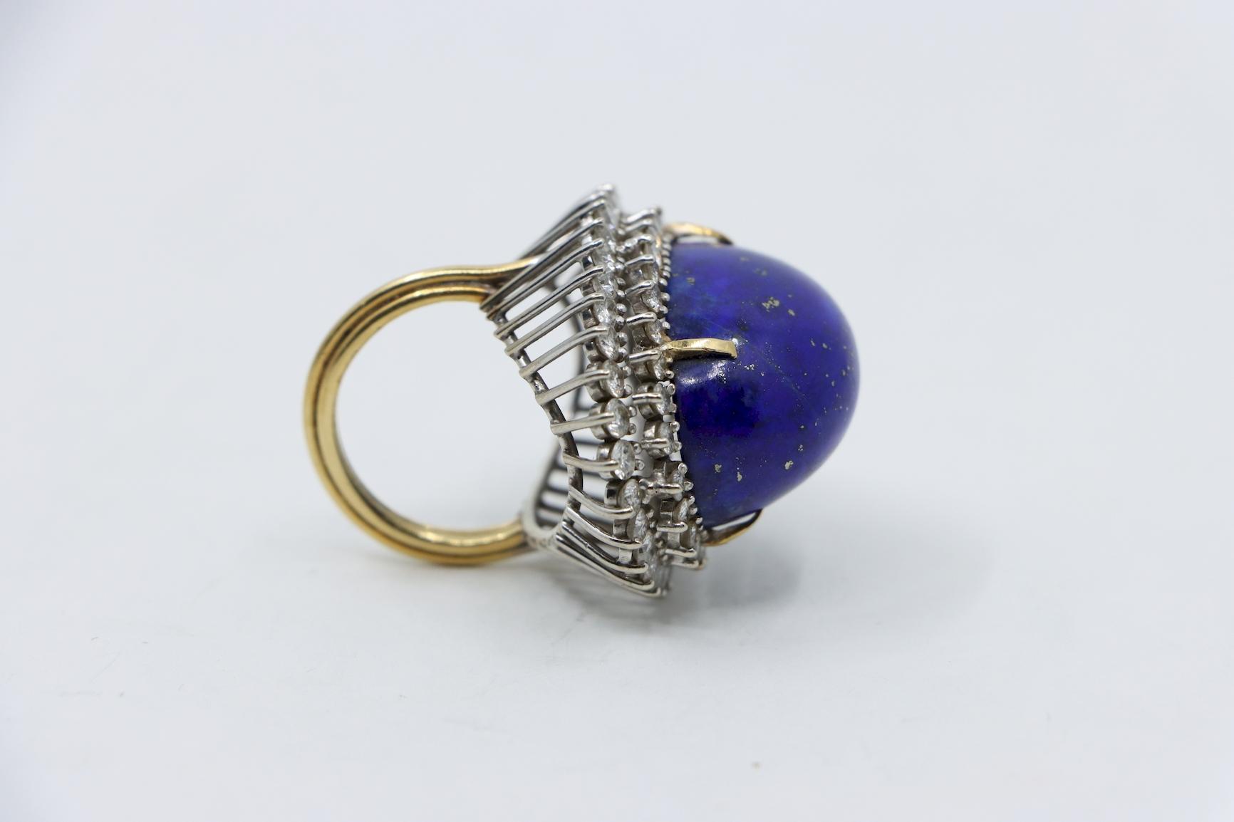 Large 14K Gold Lapis Lazuli Diamonds Ring