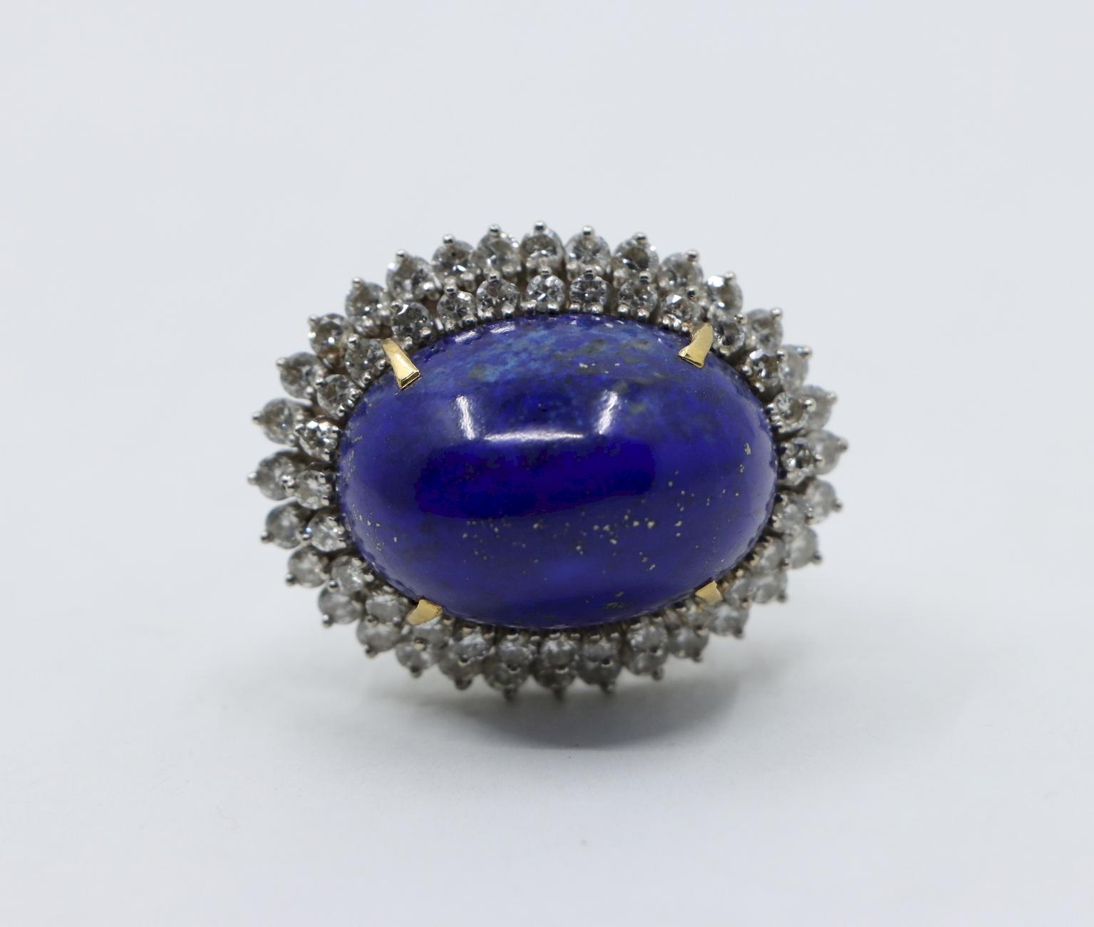 Large 14K Gold Lapis Lazuli Diamonds Ring