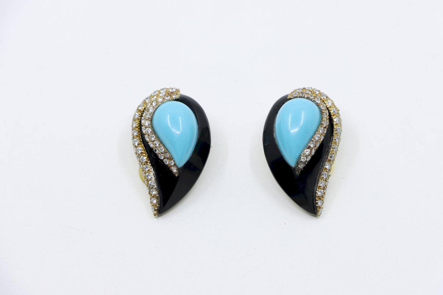 14K Gold Turquoise Onyx Diamond Earrings