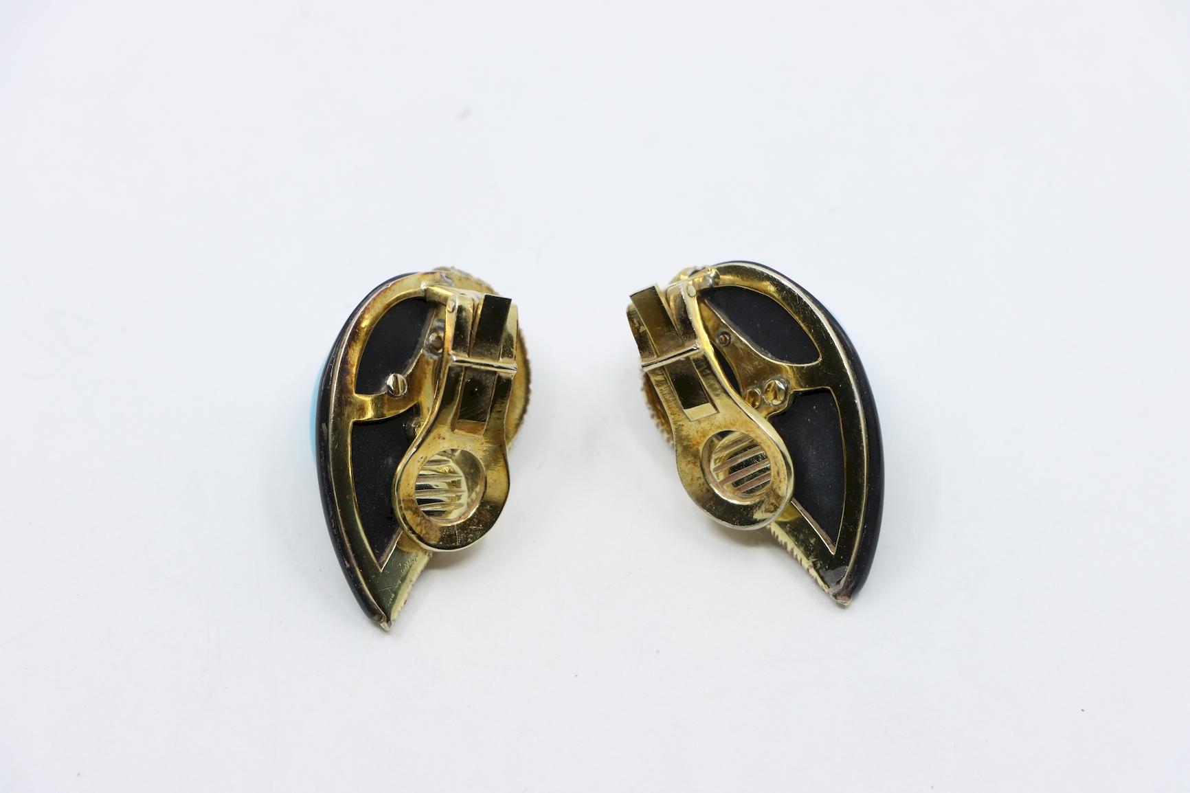 14K Gold Turquoise Onyx Diamond Earrings