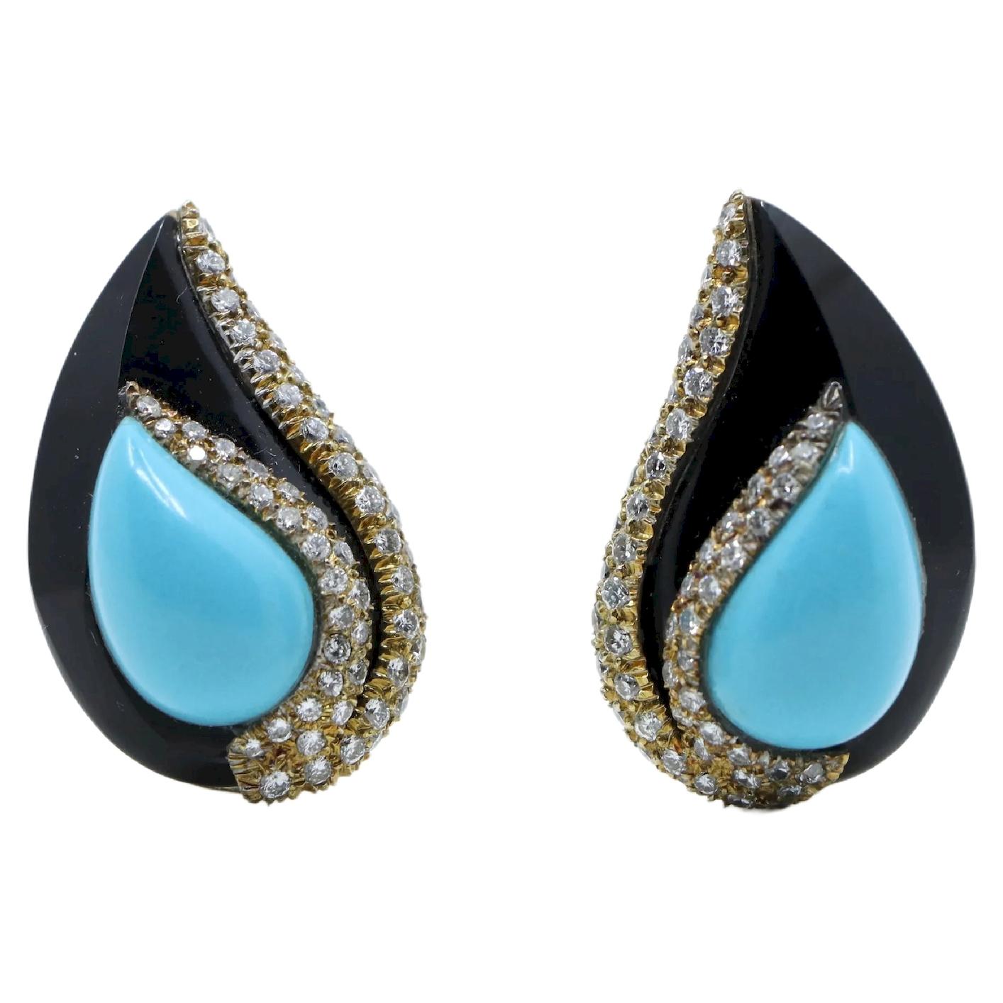 14K Gold Turquoise Onyx Diamond Earrings