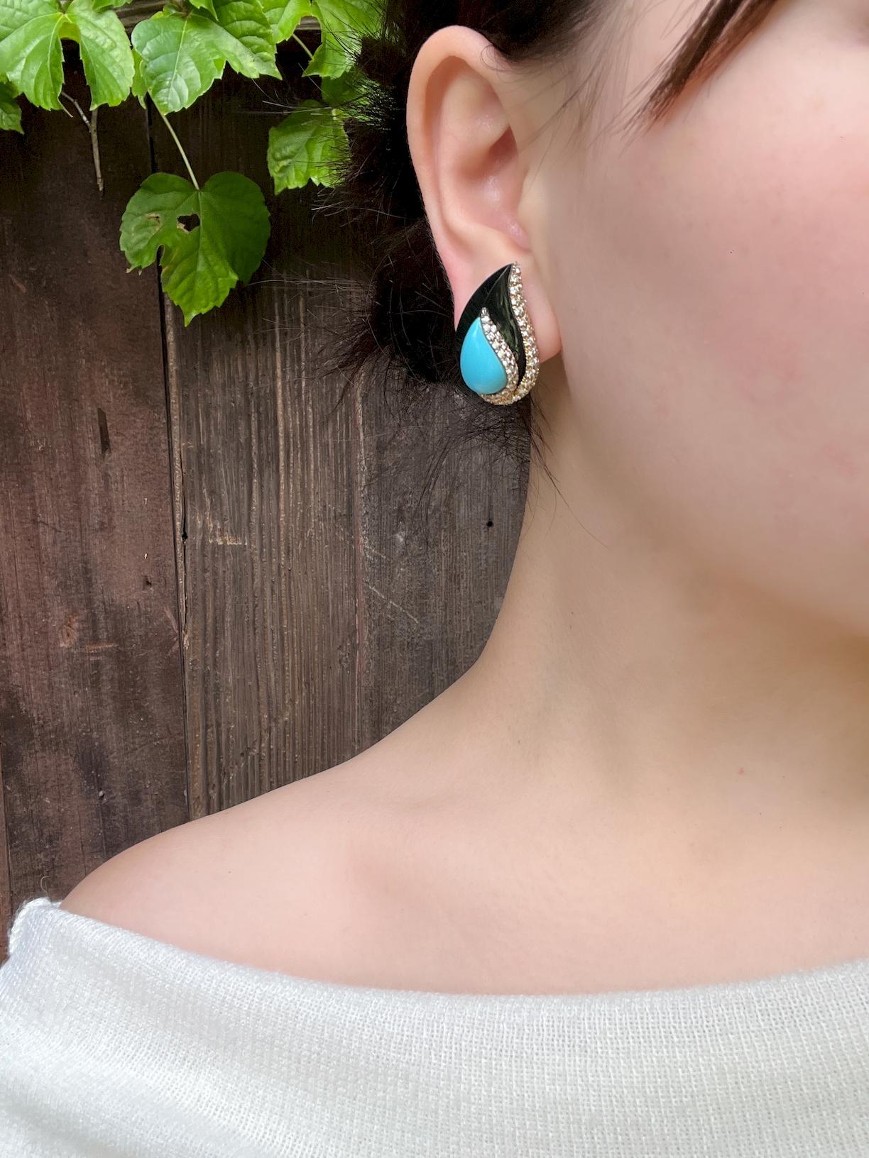 14K Gold Turquoise Onyx Diamond Earrings