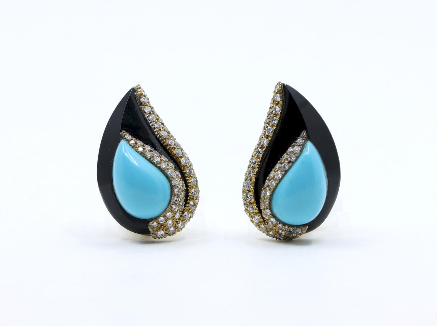 14K Gold Turquoise Onyx Diamond Earrings