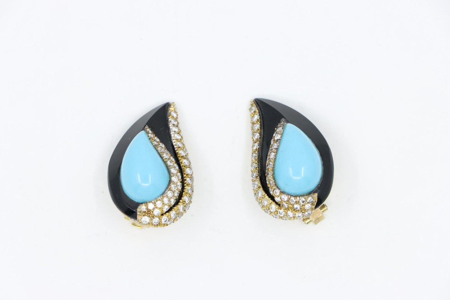 14K Gold Turquoise Onyx Diamond Earrings