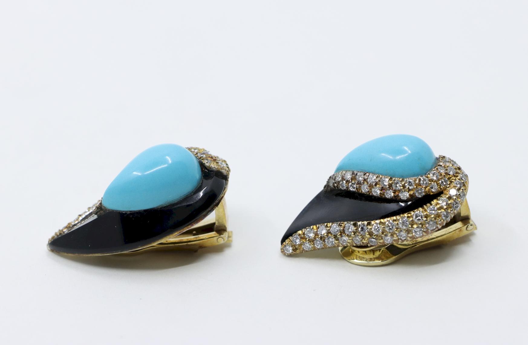 14K Gold Turquoise Onyx Diamond Earrings