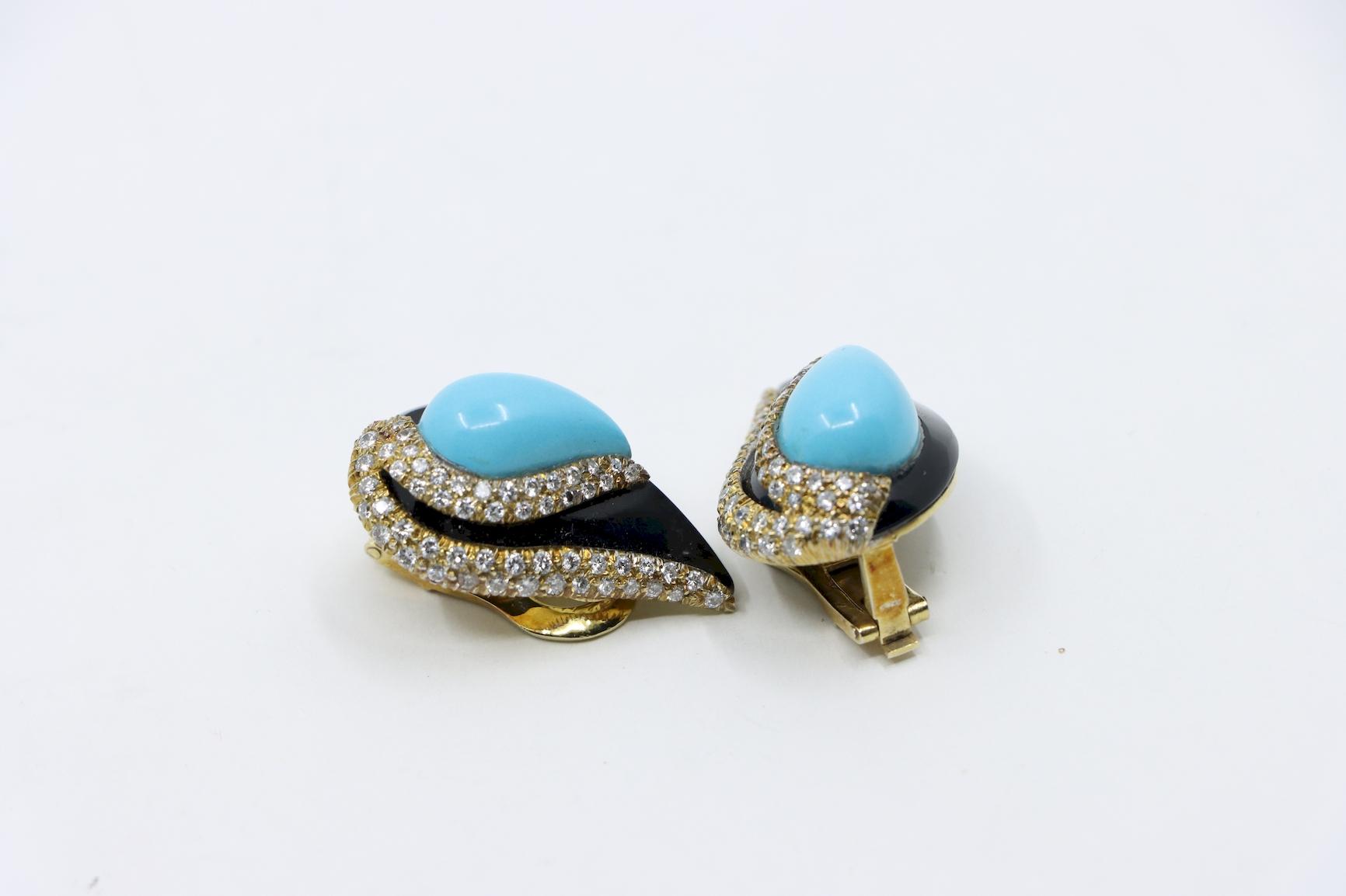 14K Gold Turquoise Onyx Diamond Earrings