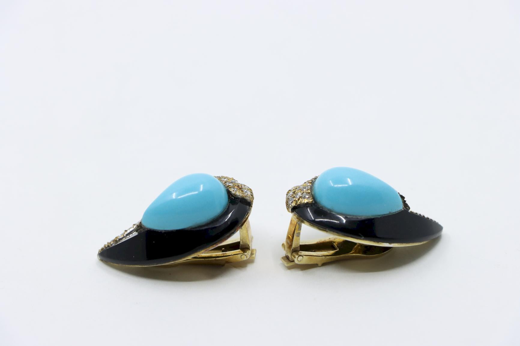 14K Gold Turquoise Onyx Diamond Earrings