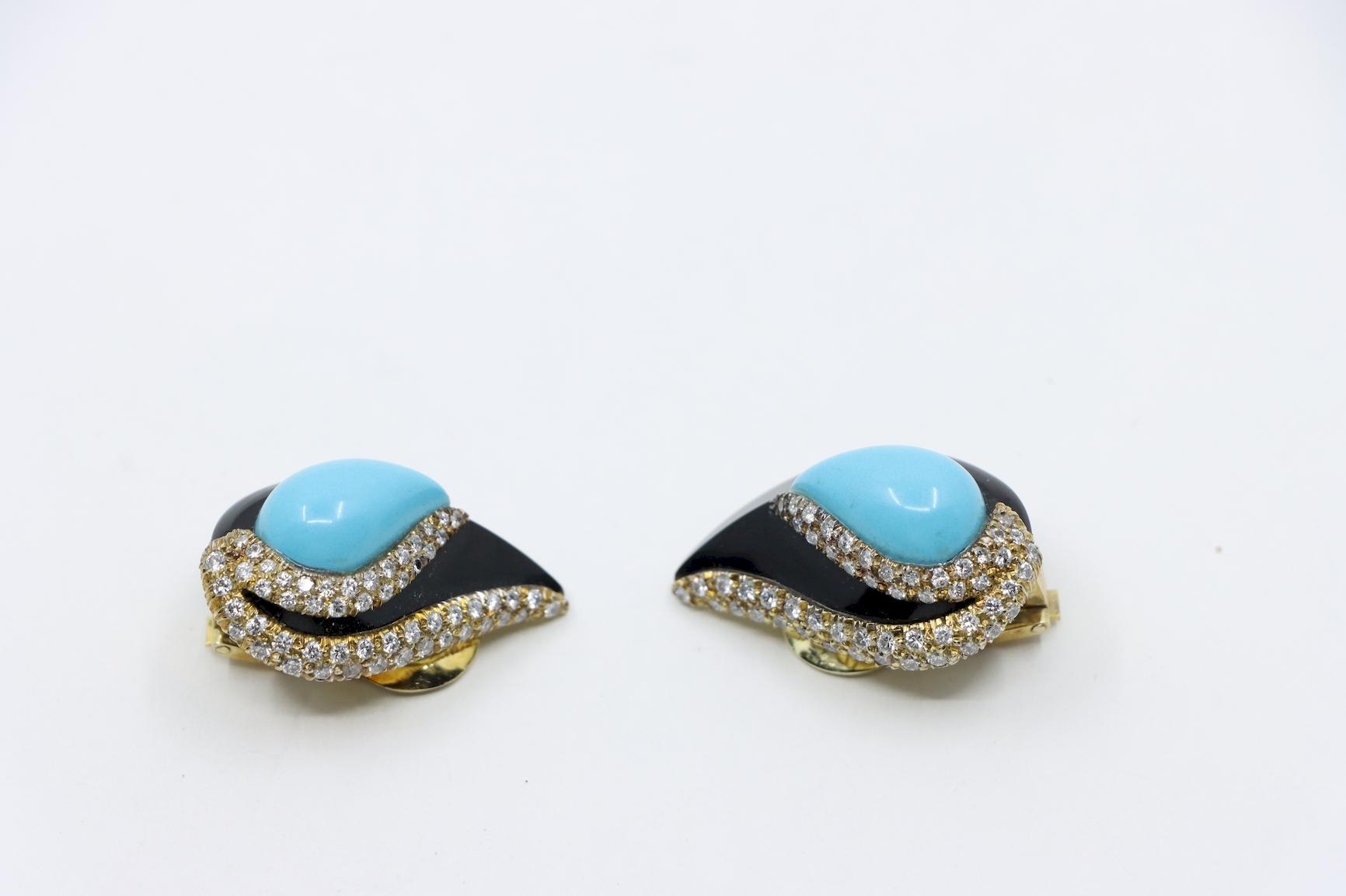 14K Gold Turquoise Onyx Diamond Earrings