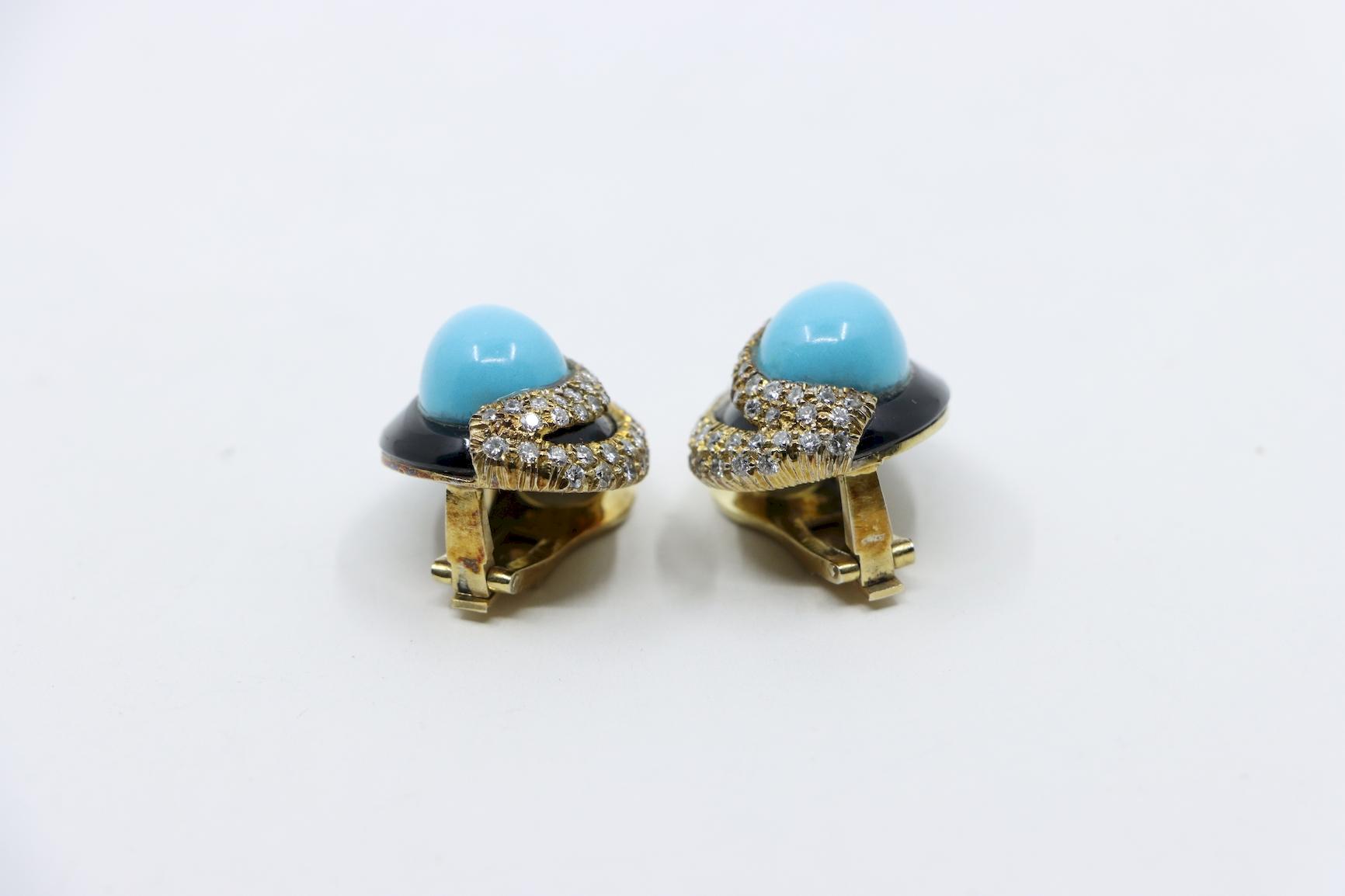 14K Gold Turquoise Onyx Diamond Earrings