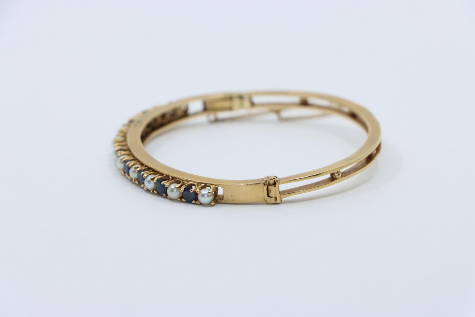 Vintage 14K Gold Sapphire Pearl Bangle Bracelet