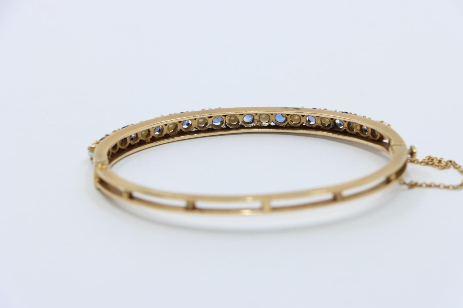 Vintage 14K Gold Sapphire Pearl Bangle Bracelet