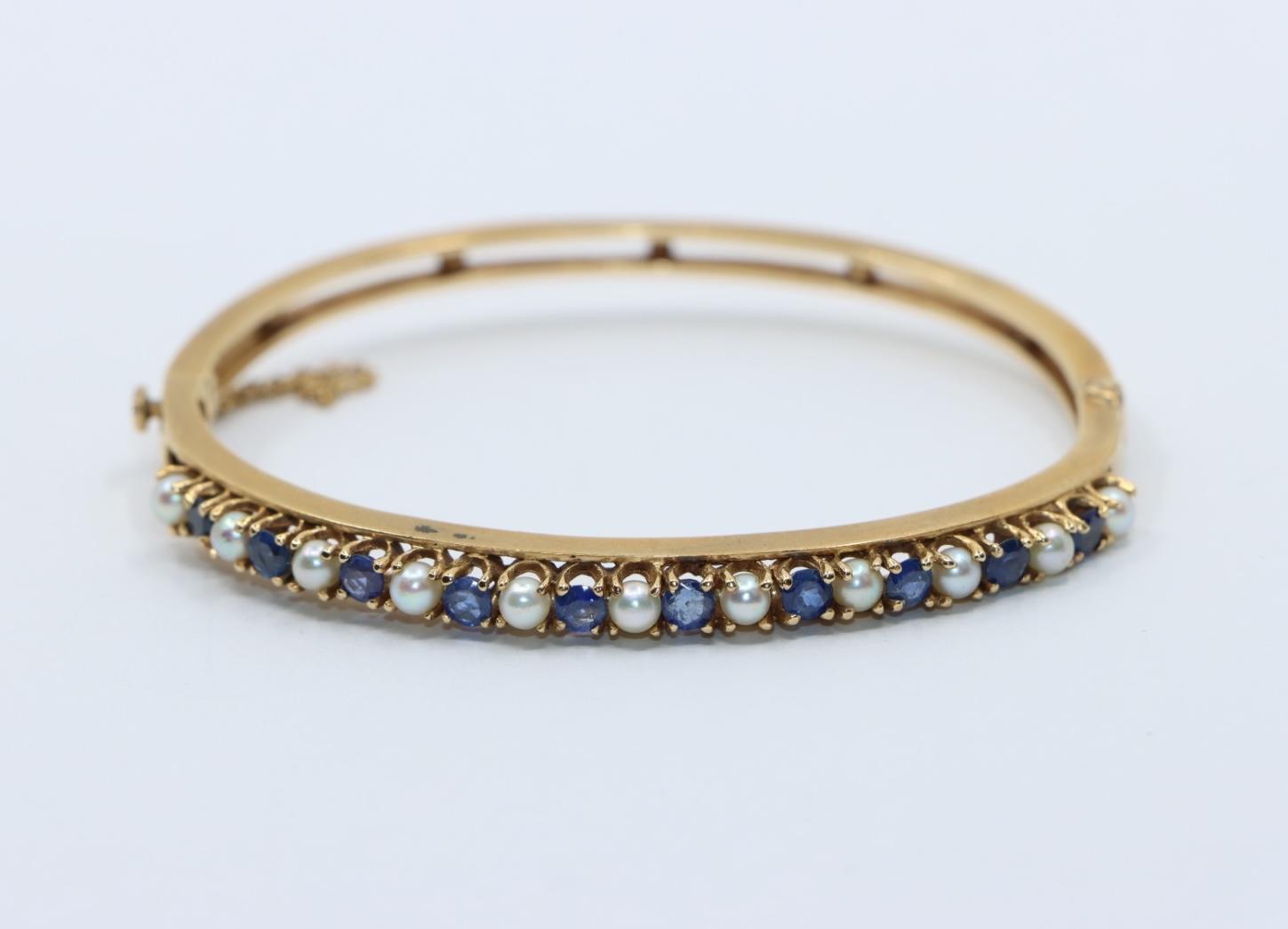 Vintage 14K Gold Sapphire Pearl Bangle Bracelet