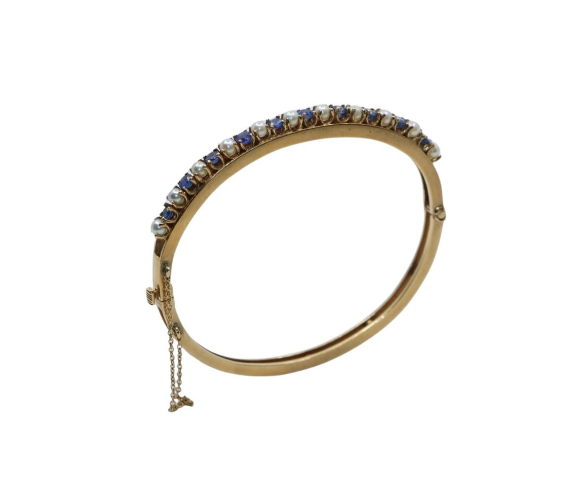 Vintage 14K Gold Sapphire Pearl Bangle Bracelet