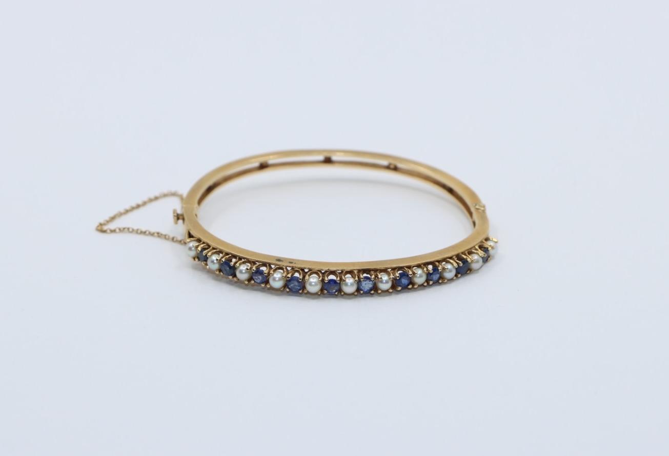 Vintage 14K Gold Sapphire Pearl Bangle Bracelet