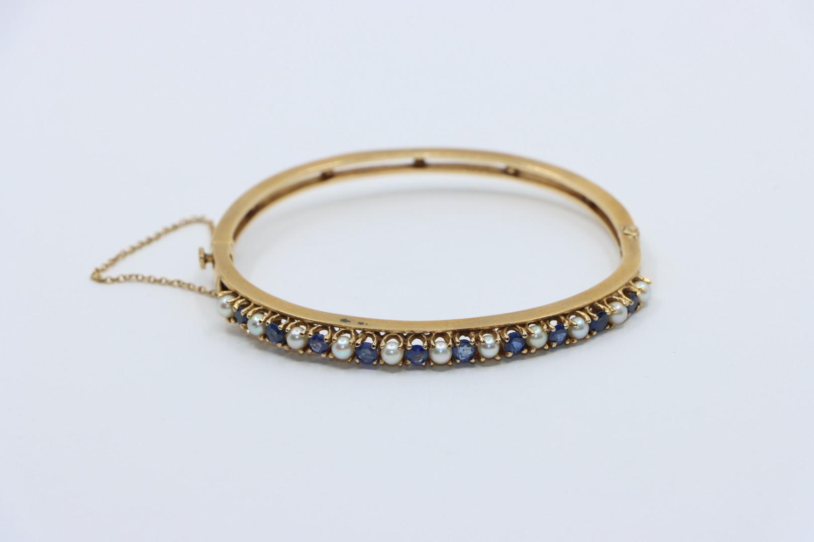 Vintage 14K Gold Sapphire Pearl Bangle Bracelet