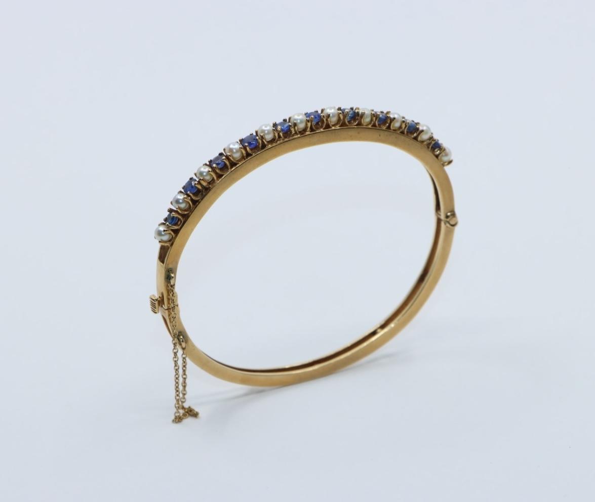 Vintage 14K Gold Sapphire Pearl Bangle Bracelet