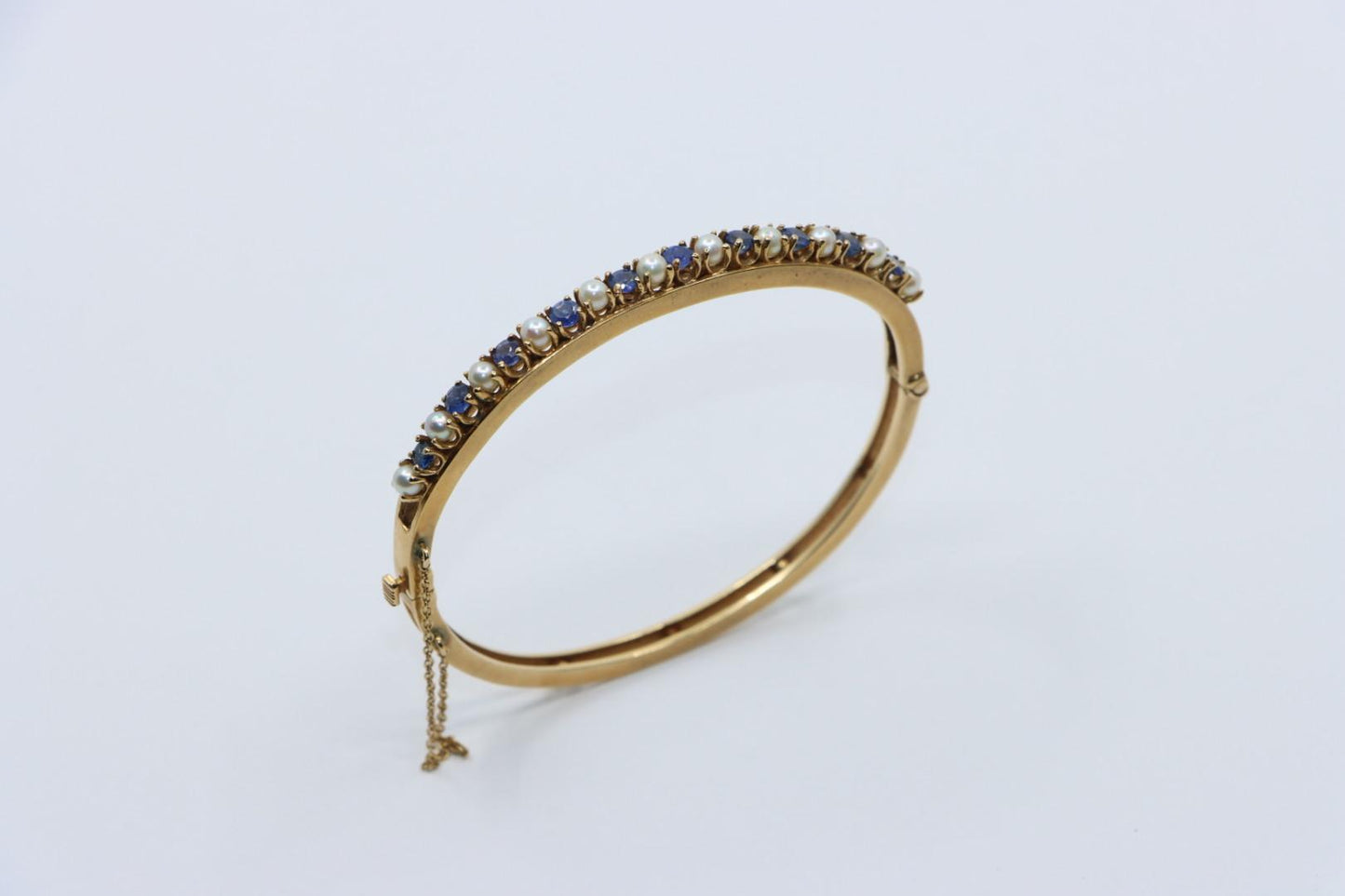 Vintage 14K Gold Sapphire Pearl Bangle Bracelet