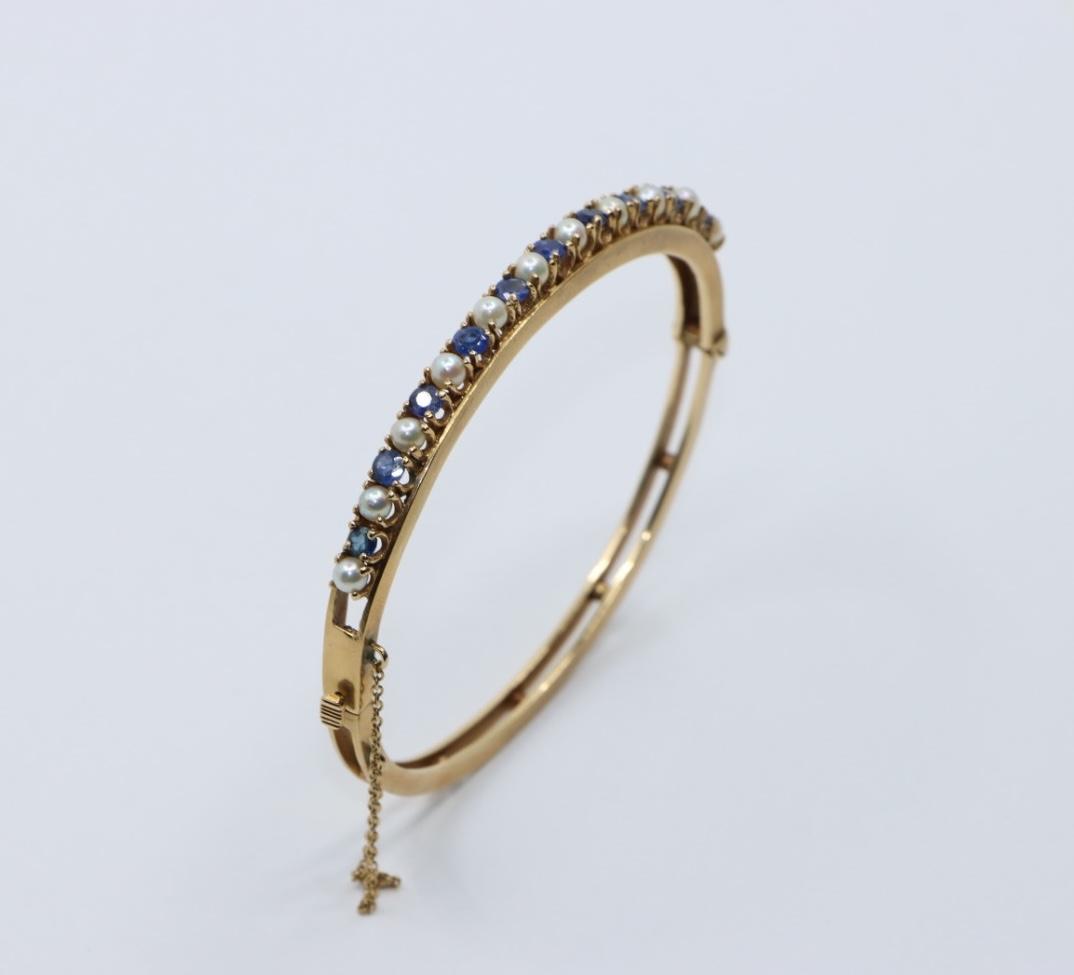 Vintage 14K Gold Sapphire Pearl Bangle Bracelet