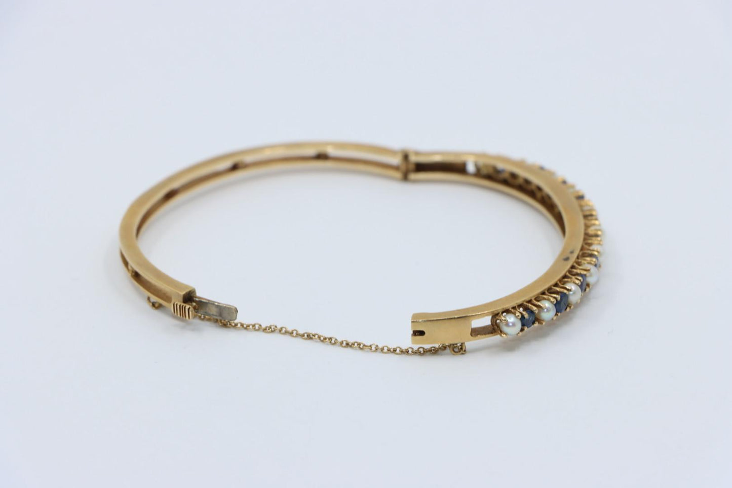 Vintage 14K Gold Sapphire Pearl Bangle Bracelet