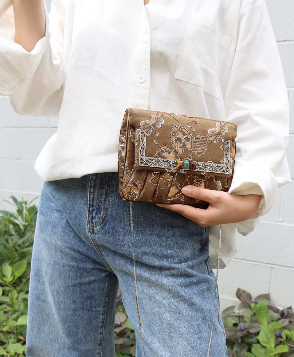 Judith Leiber Rhinestone Brown Embroidery Silk Handbag