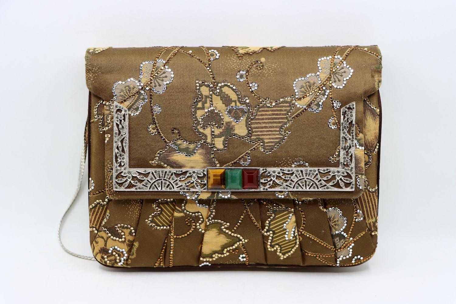 Judith Leiber Rhinestone Brown Embroidery Silk Handbag