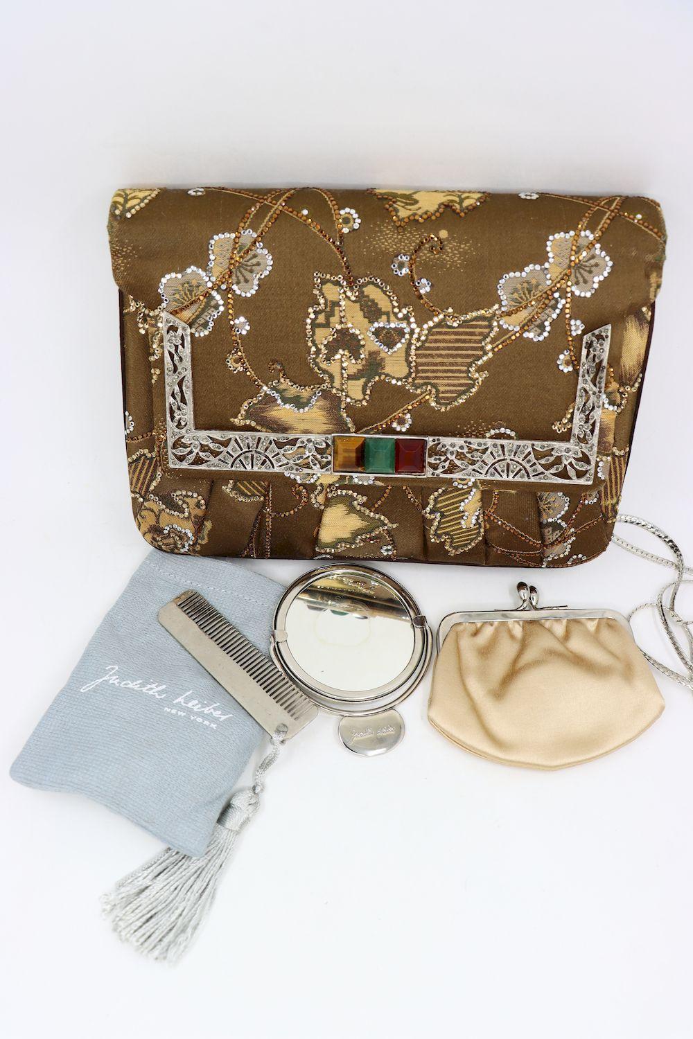 Judith Leiber Rhinestone Brown Embroidery Silk Handbag