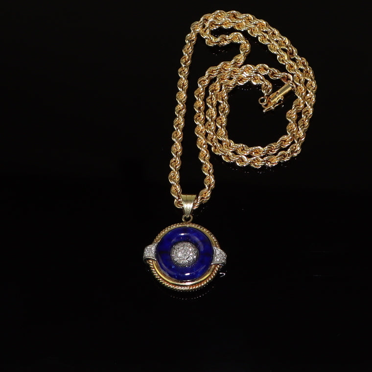 14K Gold Blue Lapis & Diamond Pendant Necklace