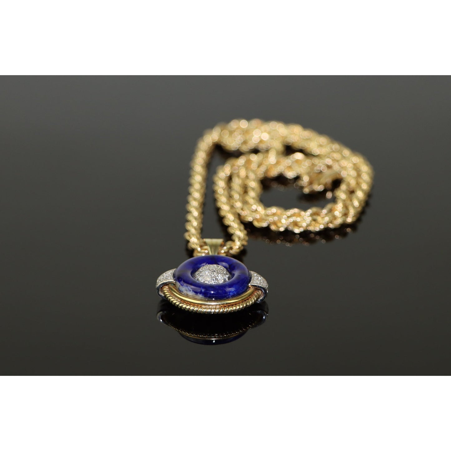 14K Gold Blue Lapis & Diamond Pendant Necklace