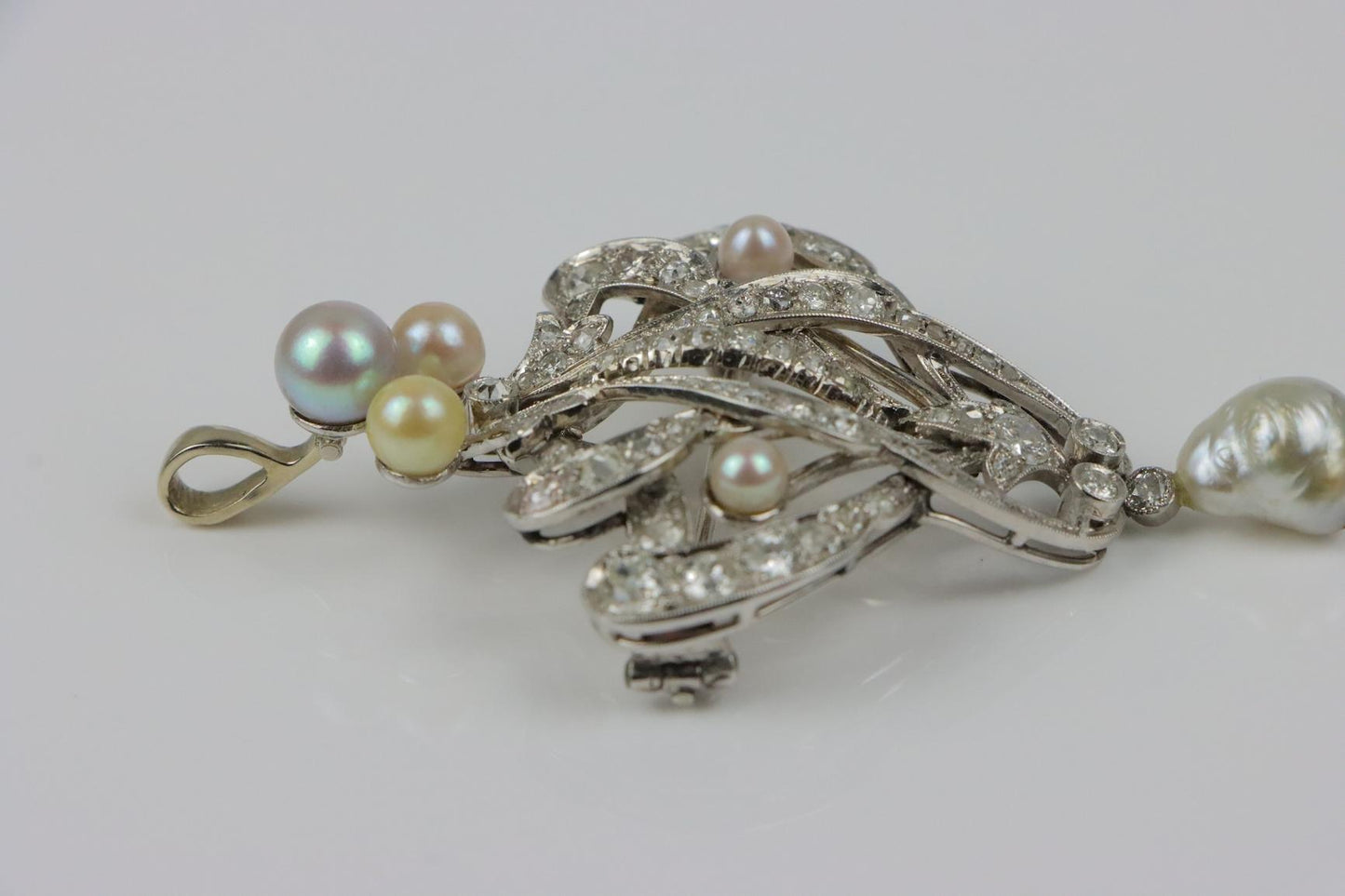 Vintage 18K White Gold Diamond Pearl Brooch