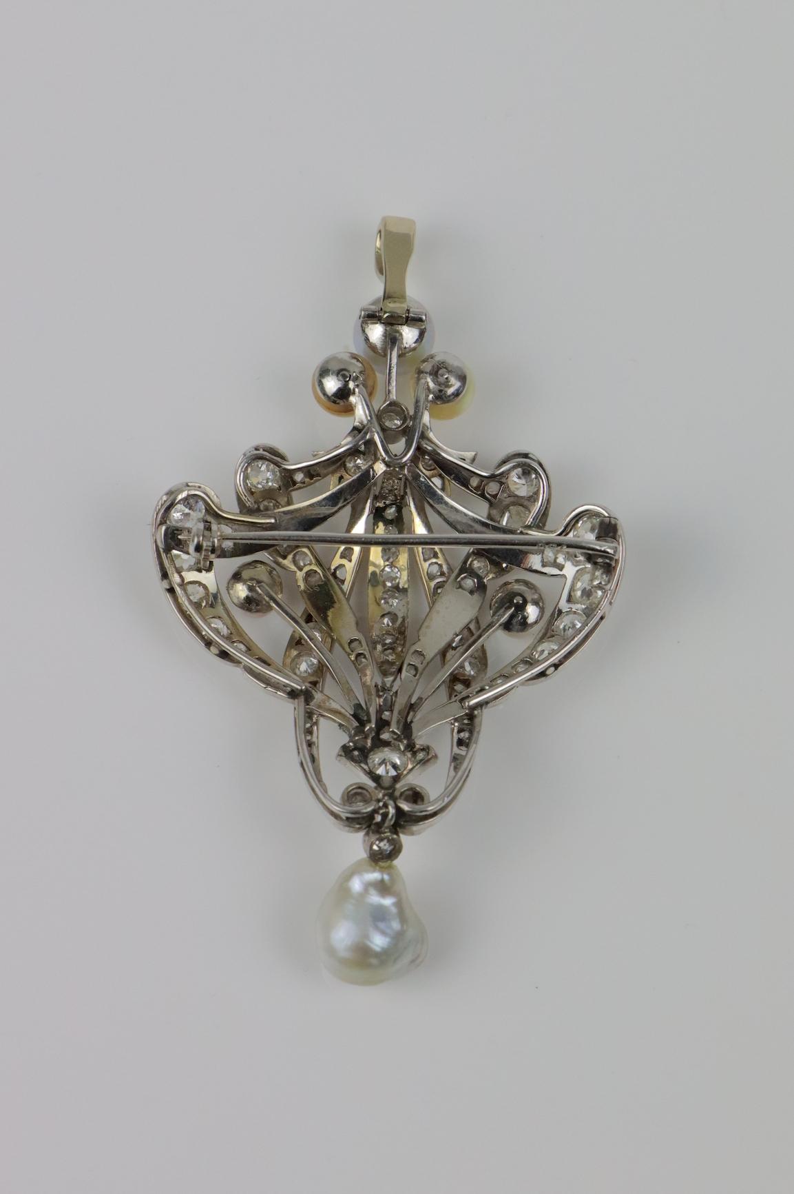 Vintage 18K White Gold Diamond Pearl Brooch