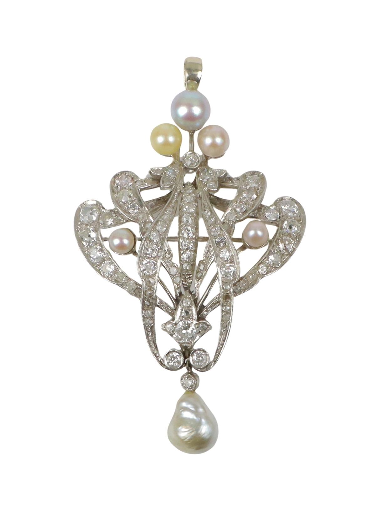 Vintage 18K White Gold Diamond Pearl Brooch