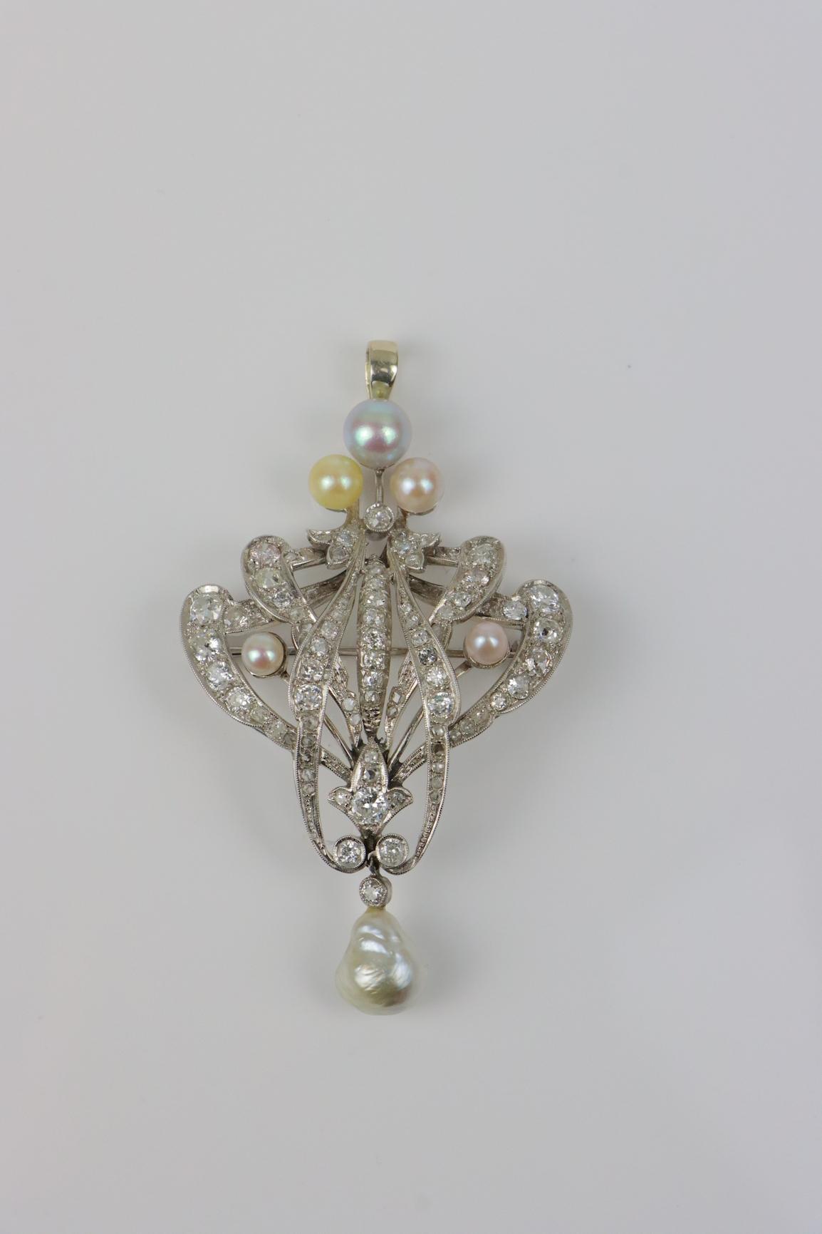 Vintage 18K White Gold Diamond Pearl Brooch