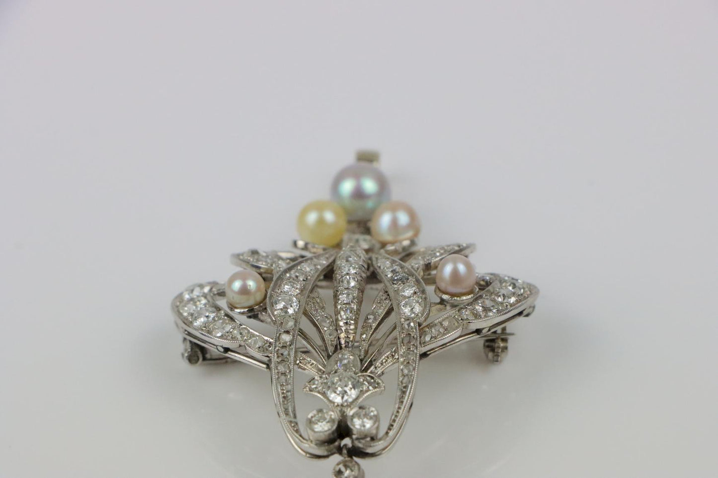 Vintage 18K White Gold Diamond Pearl Brooch