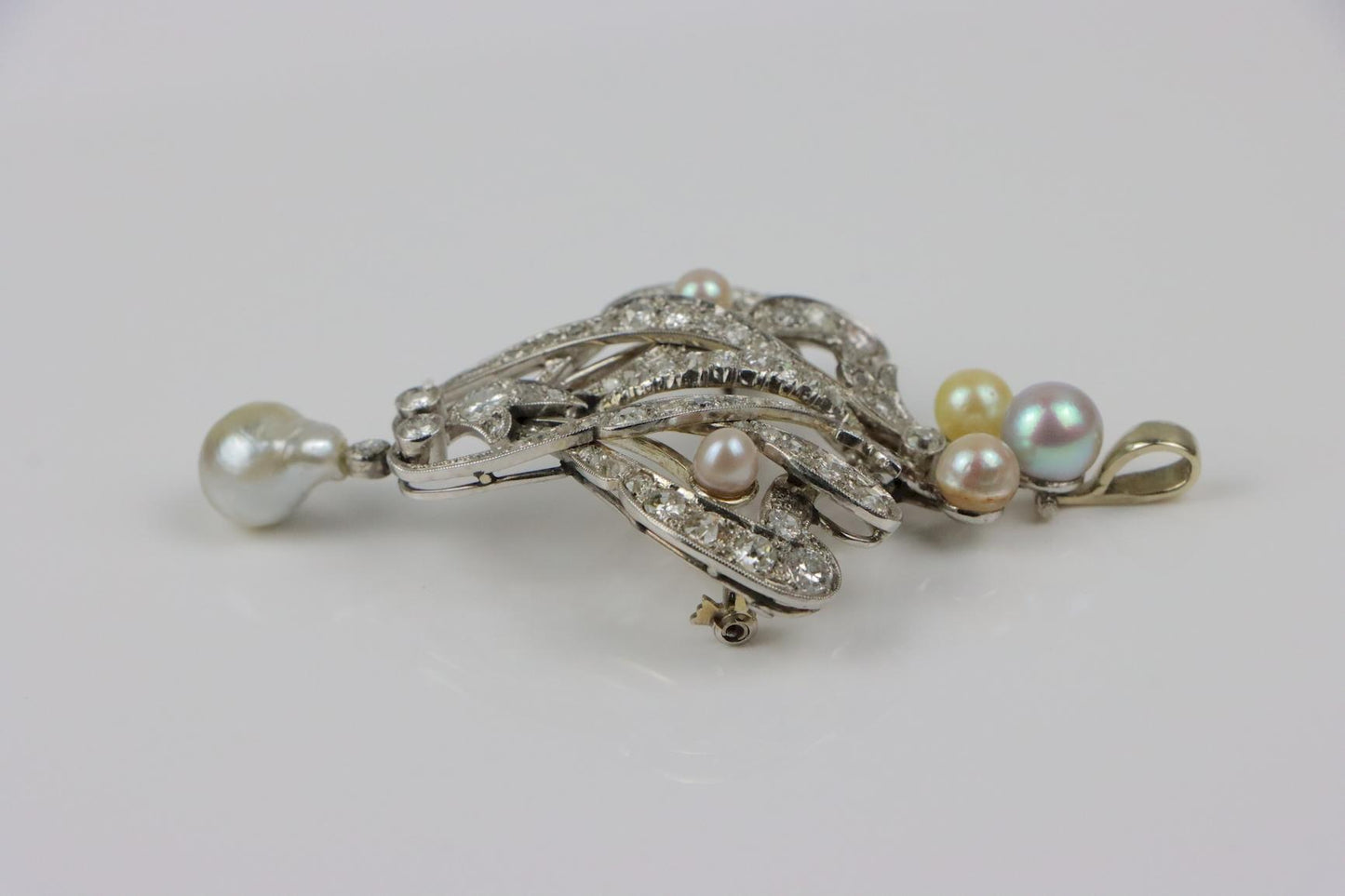 Vintage 18K White Gold Diamond Pearl Brooch