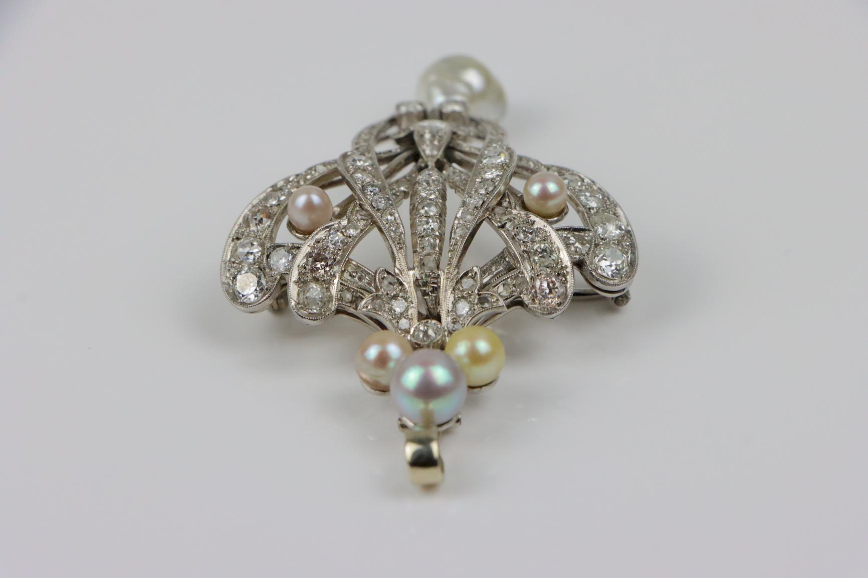 Vintage 18K White Gold Diamond Pearl Brooch