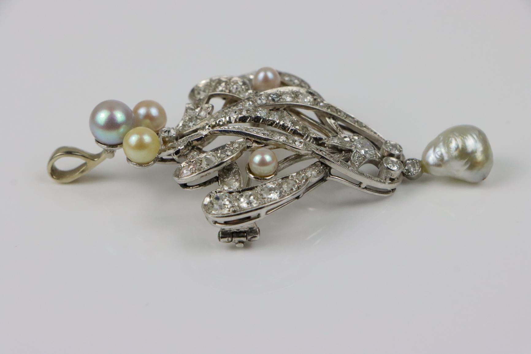 Vintage 18K White Gold Diamond Pearl Brooch