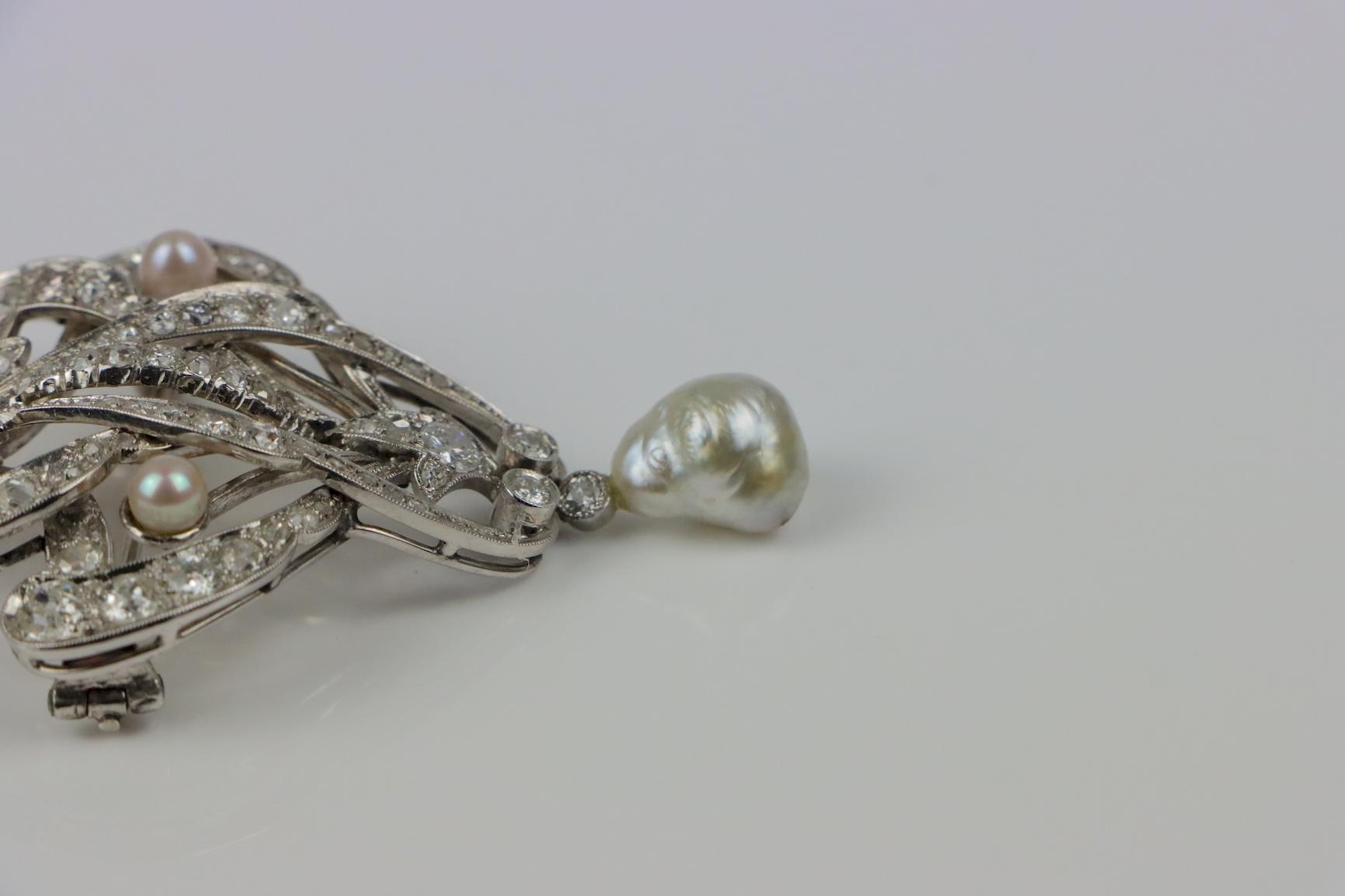 Vintage 18K White Gold Diamond Pearl Brooch