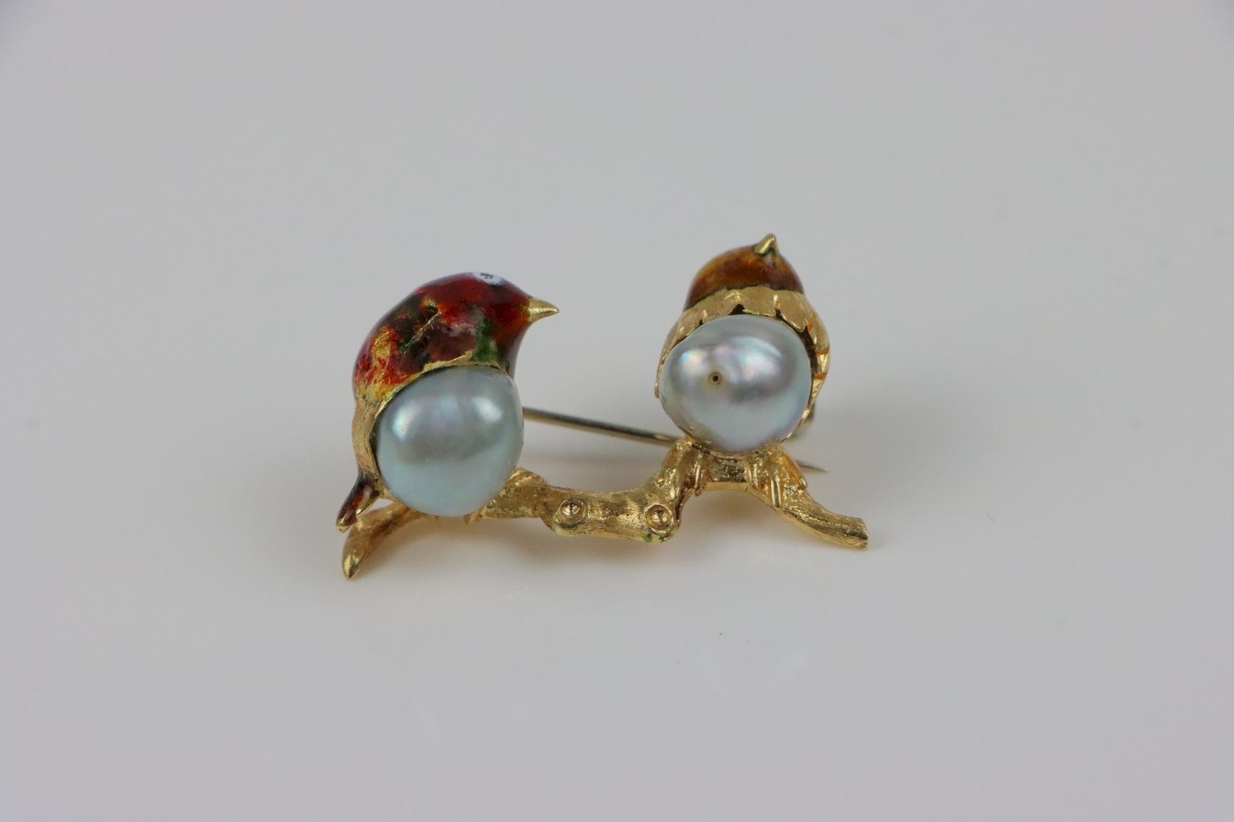 Vintage 18K Gold Pearl Enamel Bird Brooch