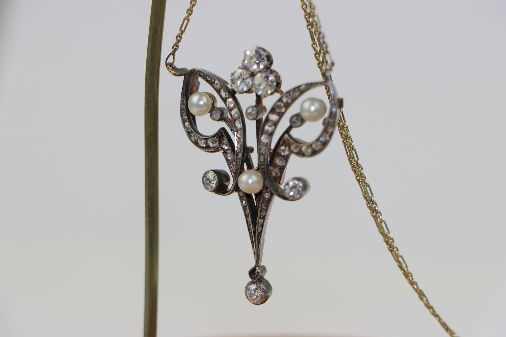 Victorian Pearl and Diamond Pendant Necklace