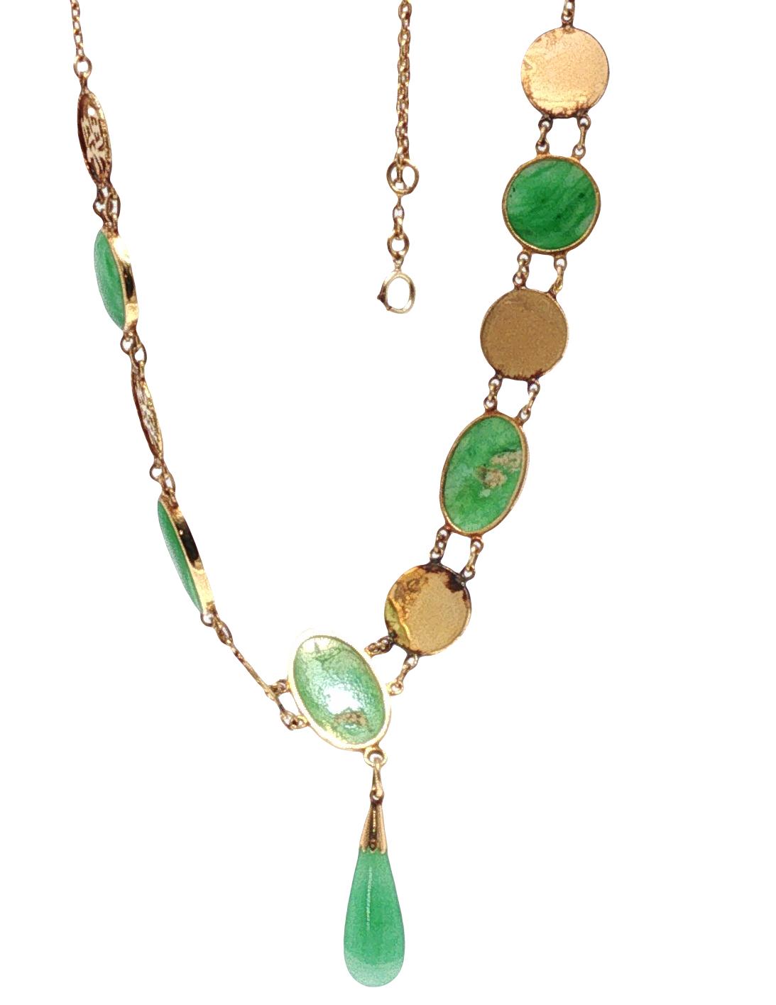 Vintage 14K Gold Jadeite & Chinese Character Medallion Necklace