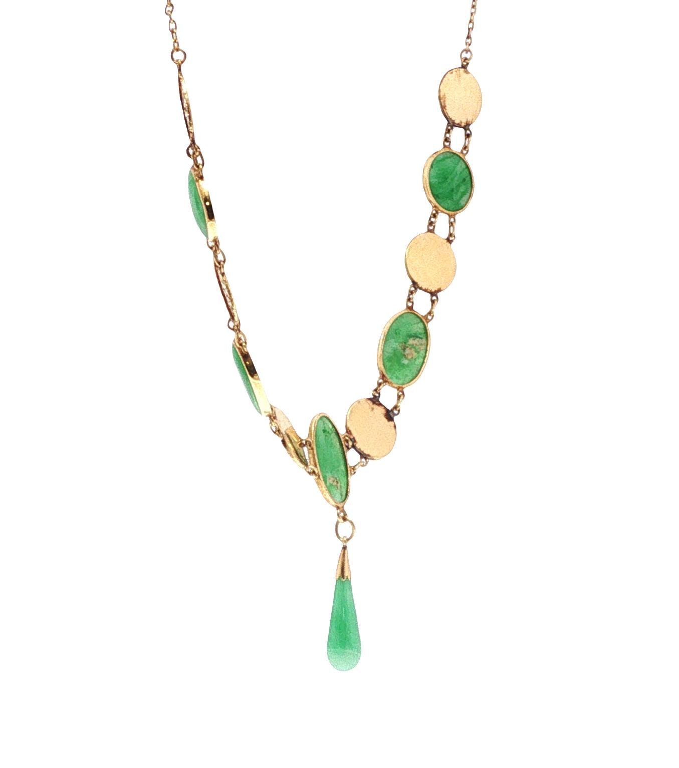 Vintage 14K Gold Jadeite & Chinese Character Medallion Necklace