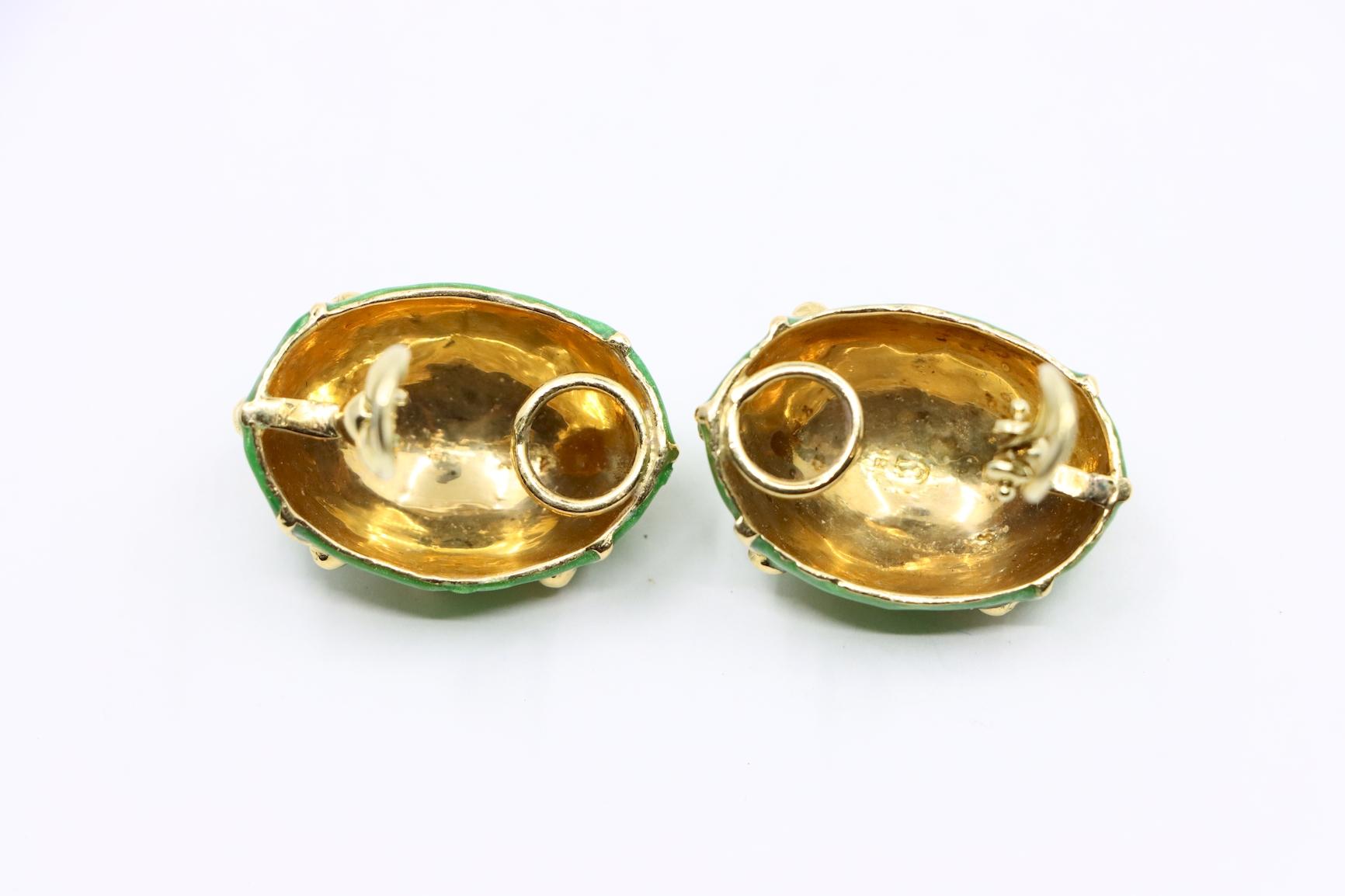 Vintage 18K Gold Green Enamel Earrings