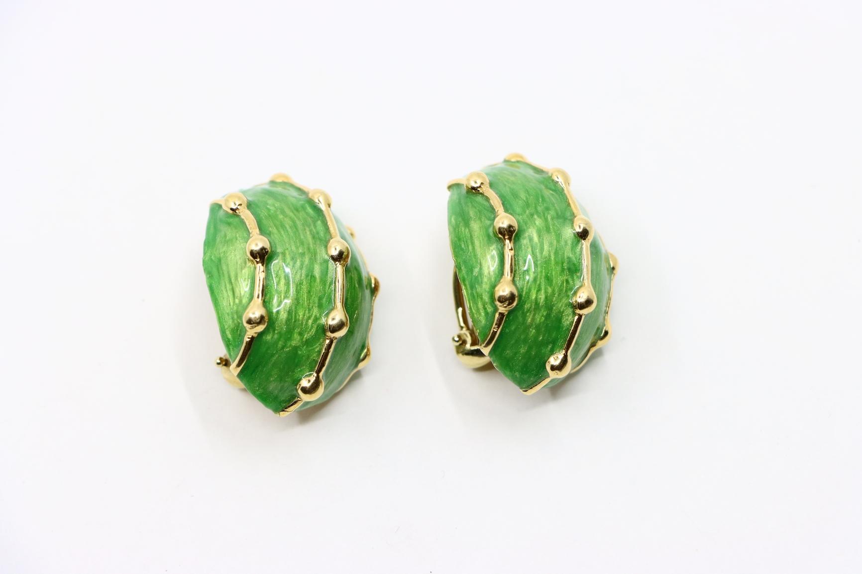 Vintage 18K Gold Green Enamel Earrings